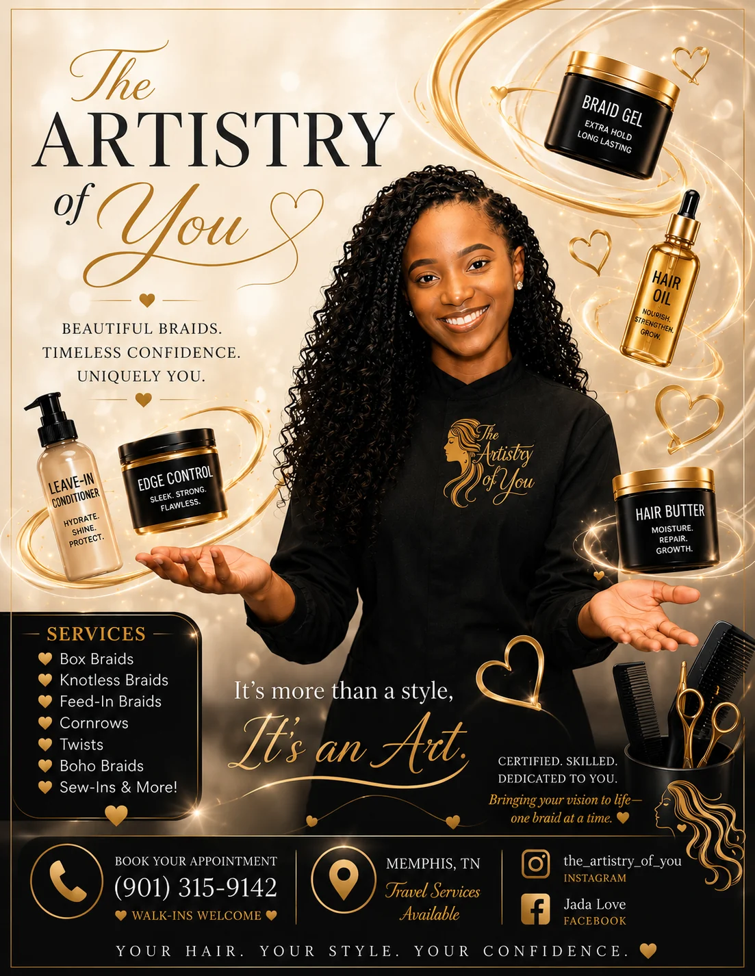The Artistry of You branded image featuring Jada Robertson and luxury hair-care products